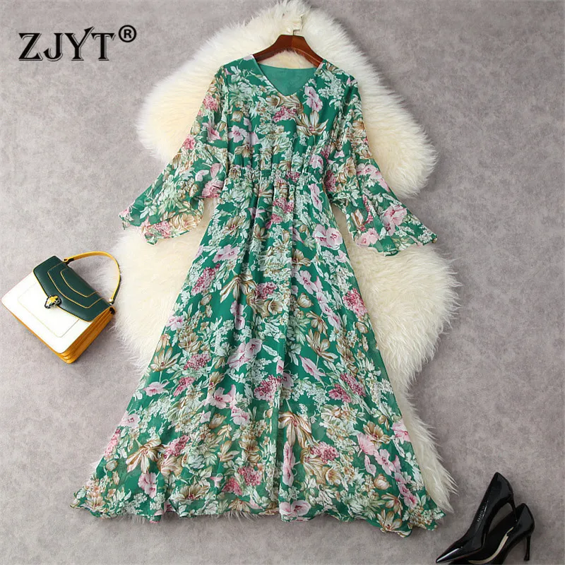 

Fashion Women Clothes Elegant Flare Sleeve Print Midi Floral Chiffon Dress for Summer Elastic Waist Holiday Boho Beach Robe