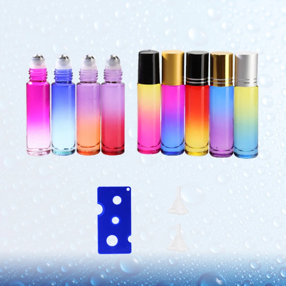 

9Pcs Roller-Ball Bottles Gradient Colorful Subpackaging Glass Bottle Perfume Roller Bottles Random Color with 1Pc Bottle Opener