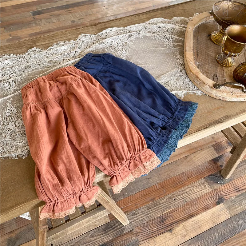 

2021 Summer Children's Clothing Baby Girls Korean Solid Color Loose Flower Border Mosquito Pants