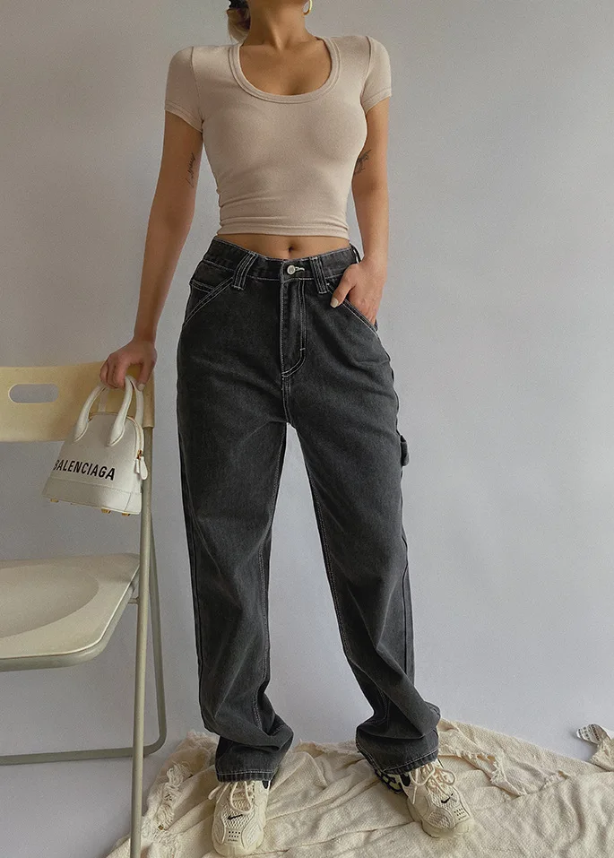 

2020 Woman High Waist Retro White Black Trousers Straight Overalls Pants Long Loose Wide Leg Jeans for Women