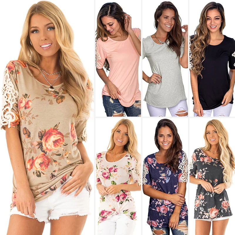

Pop Casual Women Summer T-shirts Short Sleeve Patchwork Lace Printed Long Shirt Loose Women Clothes Cotton Summer Pops