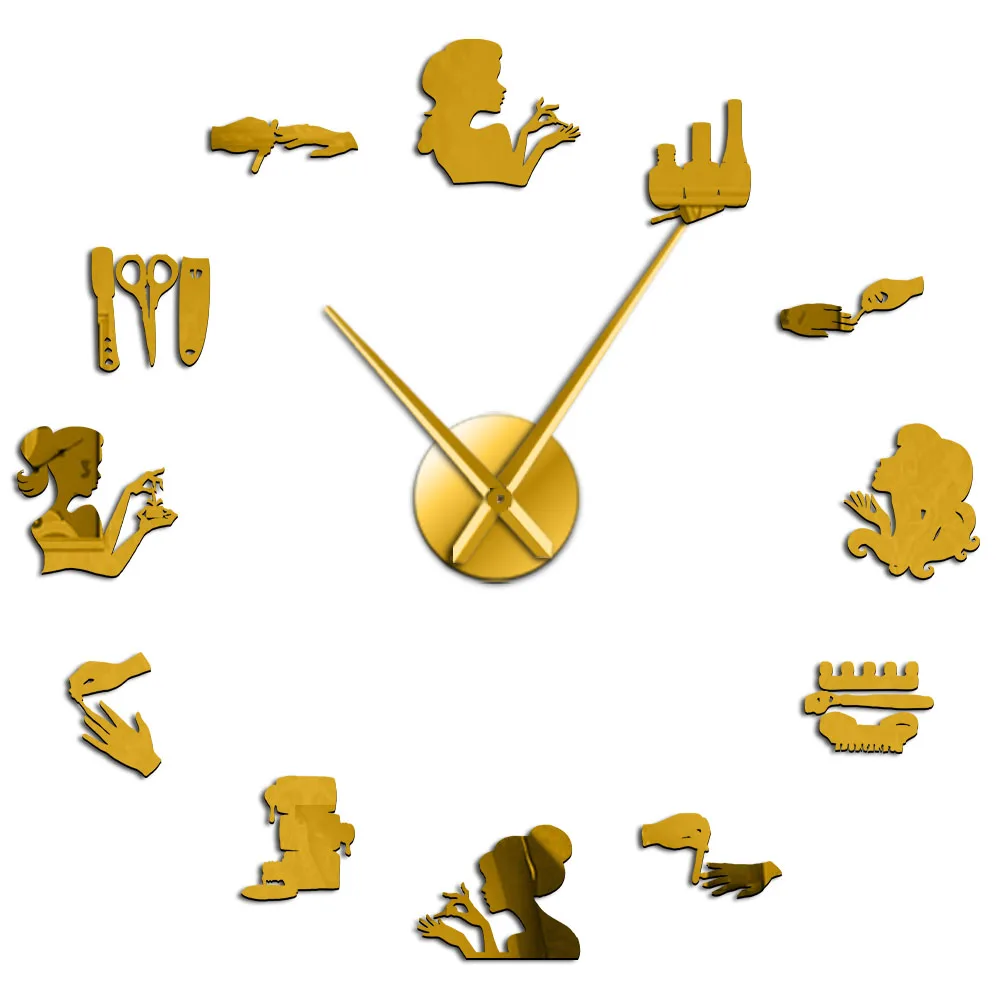 Gold Инструмент для ногтей, лак для макияжа, акриловое зеркало, настенное искусство, сделай сам, гигантские настенные часы, для ногтей, для салона красоты, настенные вывески, декоративные бескаркасные настенные часы - Цвет: Gold