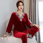 Женский бархатный пижамный комплект из 2 предметов, одежда для сна, кружевная Пижама, Повседневная рубашка и штаны, халат, велюровая Домашняя одежда, осень 2021