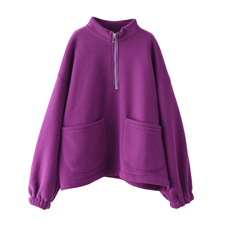 

women korean style winter fleece literary leisure cashmere sweatshirt female stand collar warm cozy simple loose pullover tops