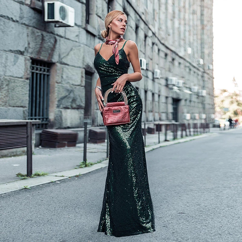 Robe De Soiree Новые Красивые EP07339 Сексуальные вечерние платья с v-образным вырезом на тонких бретелях с блестками без рукавов Длинные вечерние платья