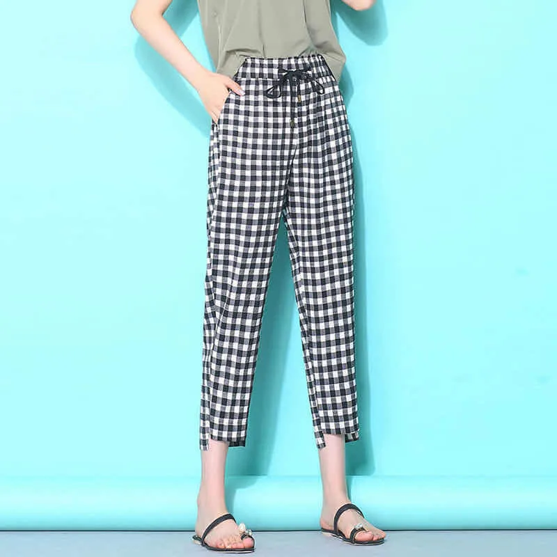 

Korean Style Summer Women Pencil Pants Lady Thin High Waist Calf-Length Pants Female Loose Casual Plaid Pants KK0030