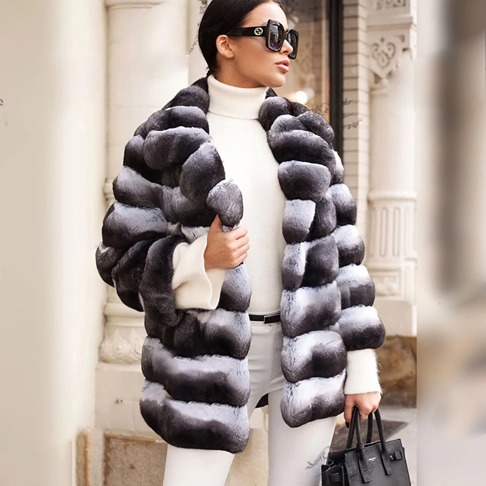 Women Real Chinchilla Color Rex Rabbit Fur Jacket Turn-down Collar Luxury Woman Winter New Genuine Rex Rabbit Fur Coats Outwear