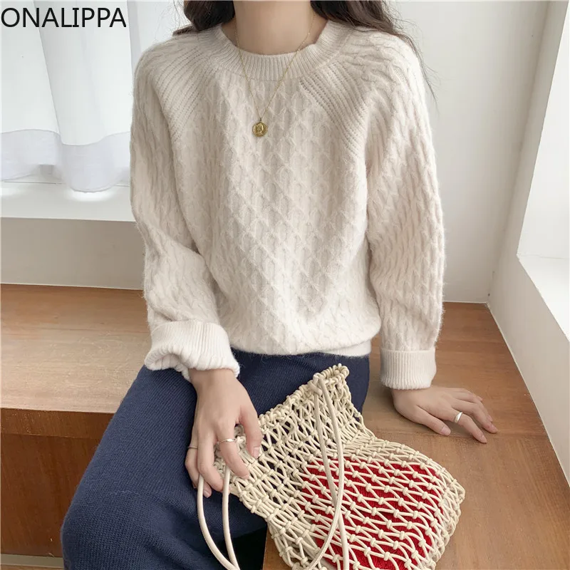 

ONALIPPA Women Sweater 21 Korean New Autumn Loose Solid Color Fashion Foreign Style O Neck Outer Wear Top Knit Bottoming Shirt