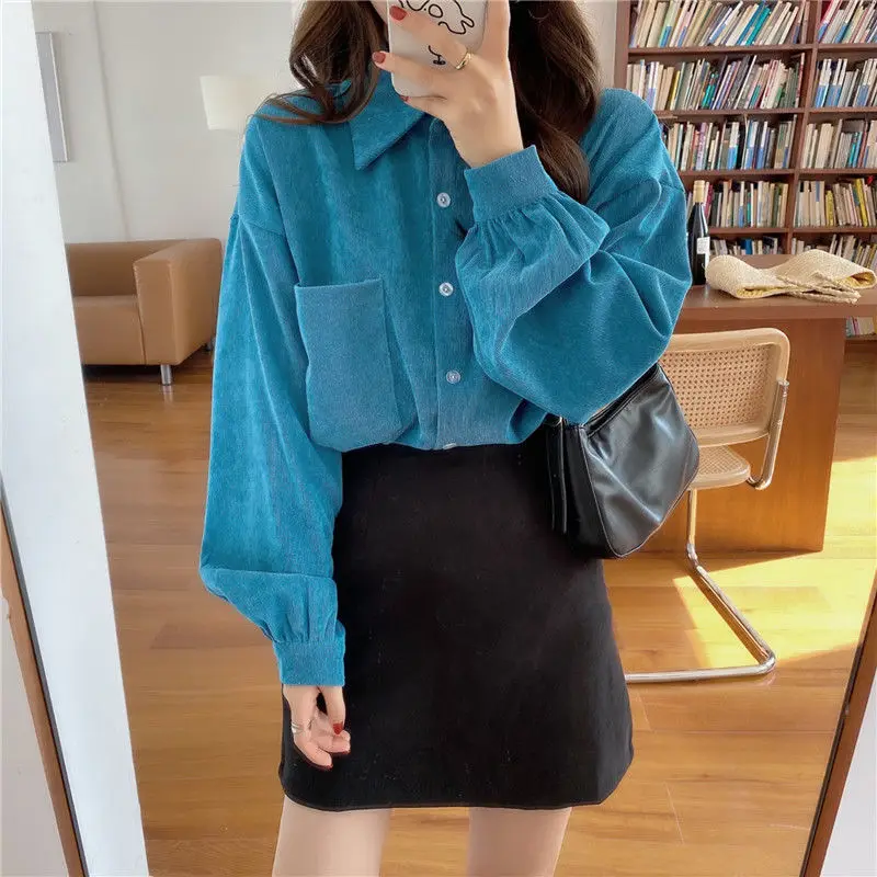 

Deeptown Retro Corduroy Shirts Winter Clothes Women 2020 Long Sleeve Shirt Women Solid Elegant Loose Casual Blue Button Up Shirt