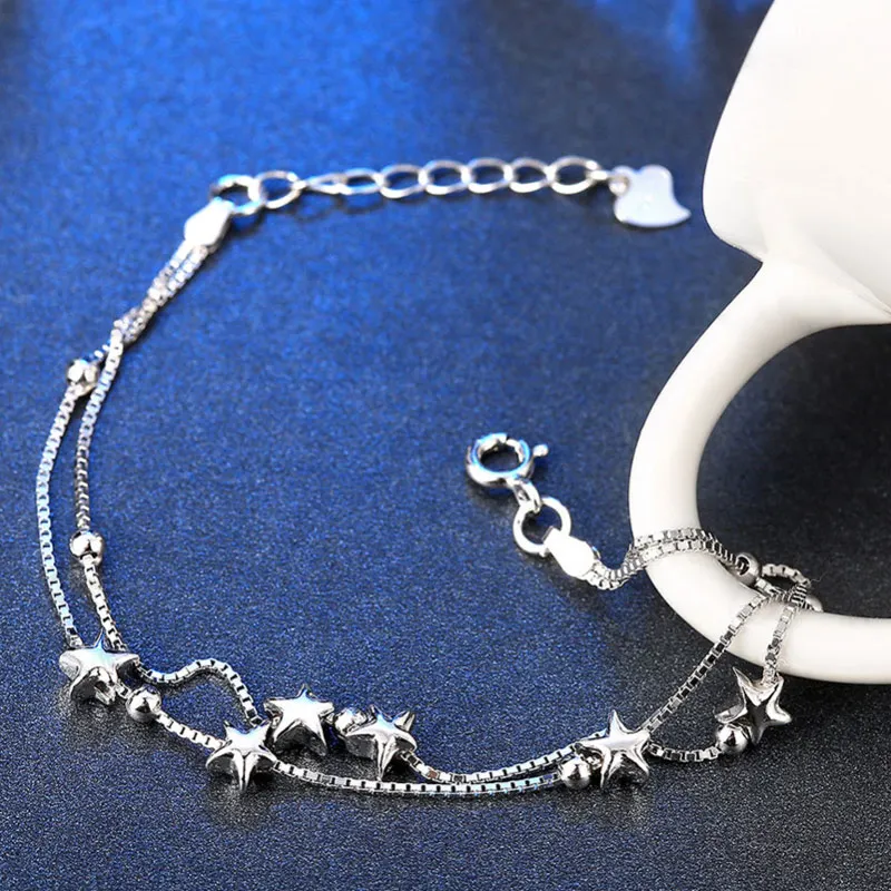 Браслет женский из серебра 925 пробы с двухслойными бусинами-звездами | Украшения