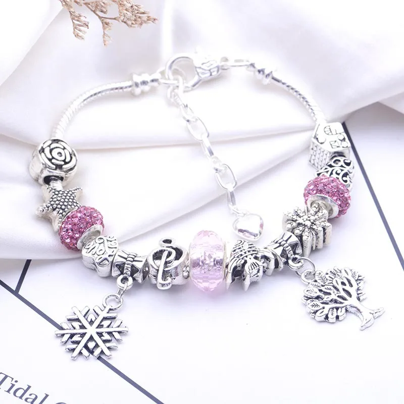 

February 14 Valentine's Day DIY Beaded Creative Fashion OL Silver Plated Bracelet Pink Boutique Bracelet for Girlfriend