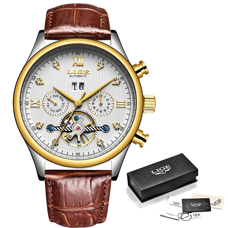 

LIGE Brand Men Watches Automatic Mechanical Watch Tourbillon Sport Clock Leather Casual Business Wrist Watch Gold Relojes Hombre