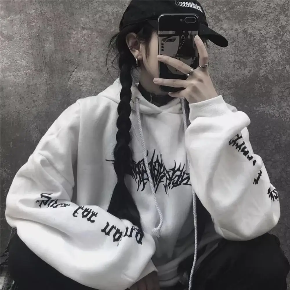 Women Loose Streetwear Black Sweatshirt Knitted Hooded Sexy Print Hoodies Fashion Pullovers Long Hoodie Tops Harajuku | Женская одежда