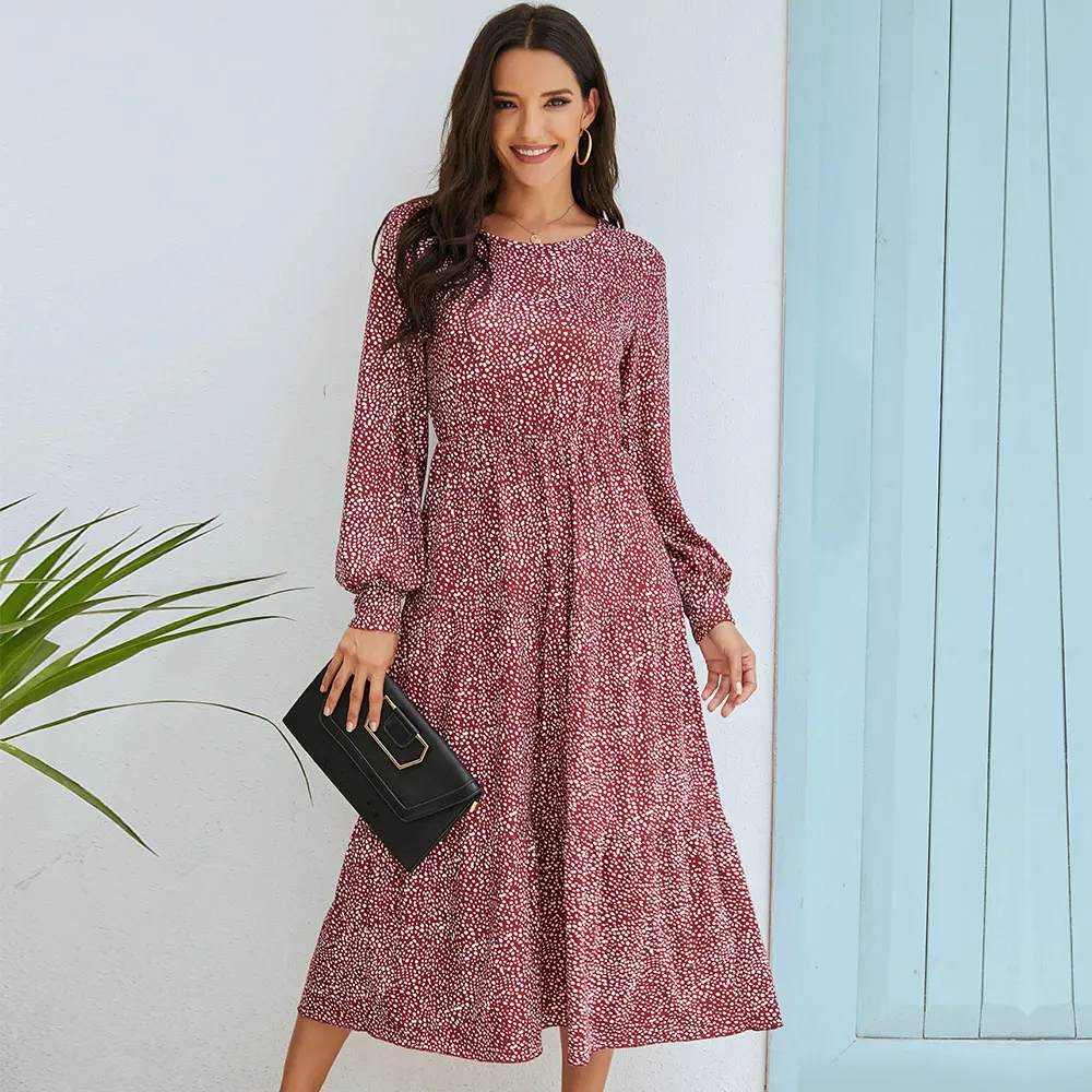 Женское платье в горошек средней длины Осеннее Длинное Элегантное Платье Бохо