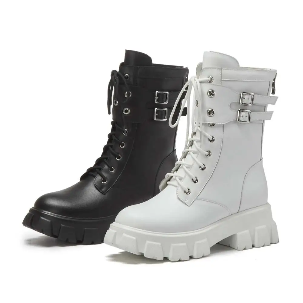 

Krazing pot motorcycle boots real cow leather buckle decorations round toe thick high heel back zip handsome mid-calf boots L07