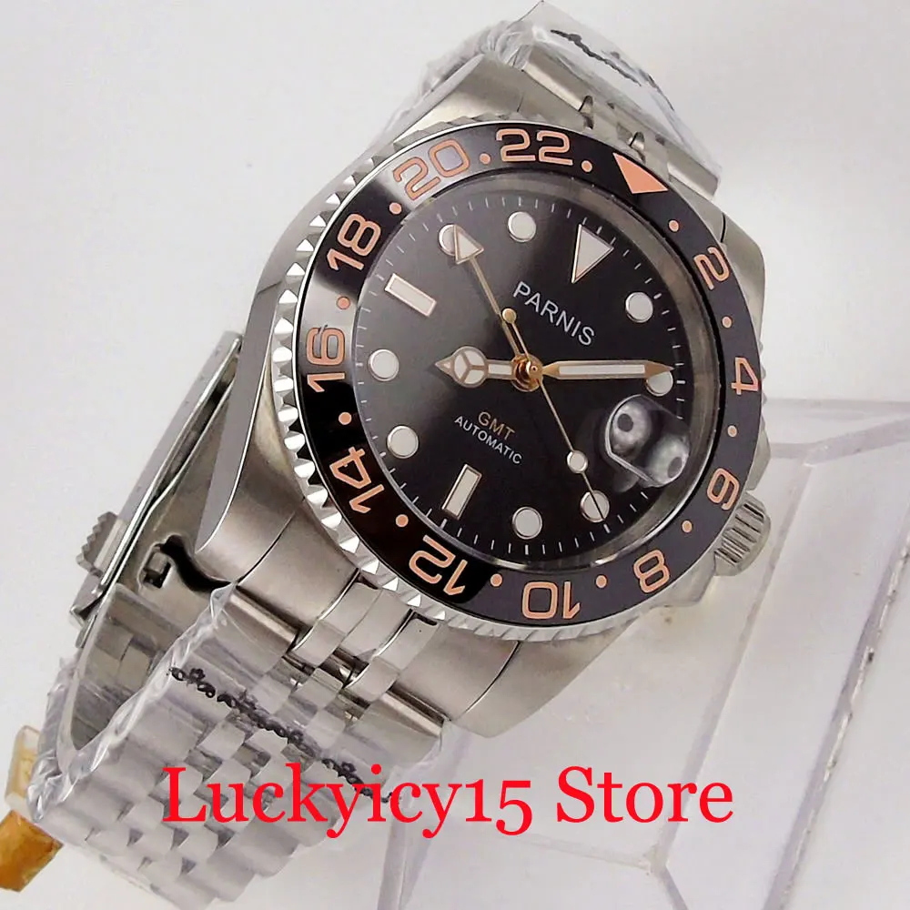 PARNIS Роскошные GMT Механические Мужские наручные часы из нержавеющей стали с