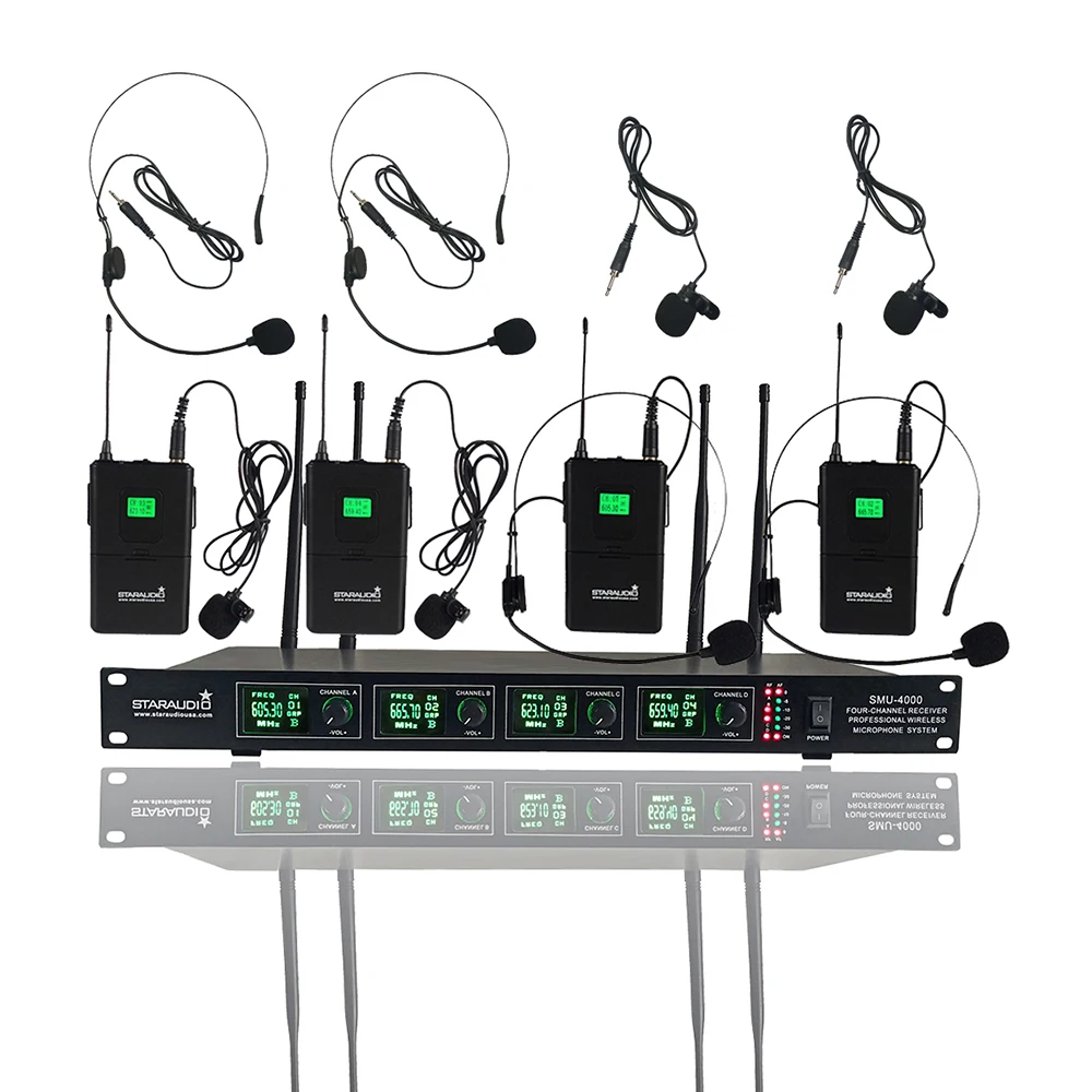 

4 Channel UHF Wireless Microphone System With Body Pack 4CH Headset Lavalier Microphone For Night Club Stage Karaoke SMU-4000B