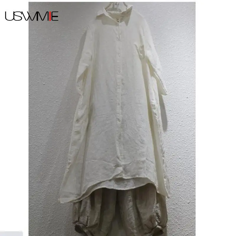 Spring/autumn Casual Shirts Old Loose Linen Literary Turn-down Collar Long Shirt Nine Quarter Batwing Sleeve Single Breasted Top
