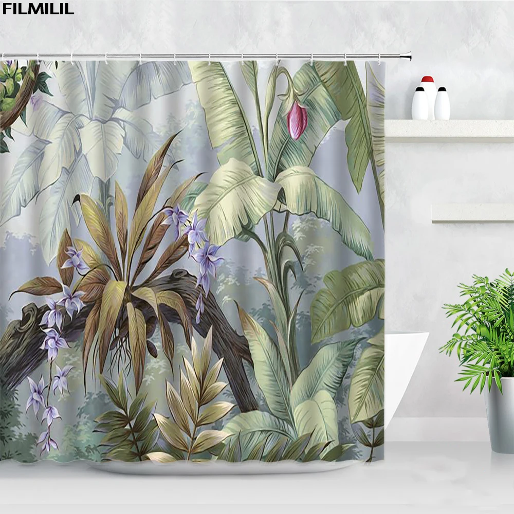 

Tropical Plants Printed Shower Curtains Green Banana Leaves Hand Painted Art Waterproof Bath Curtain Bathroom Decor Screens Sets