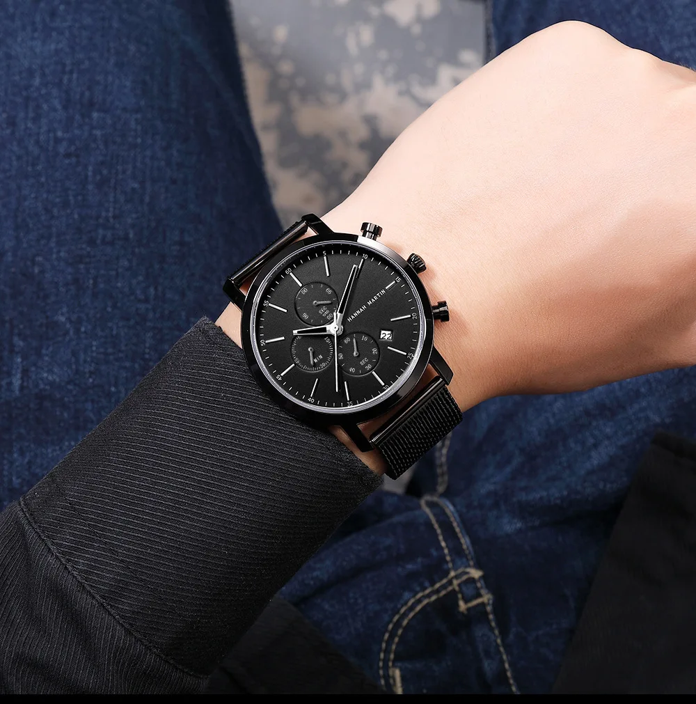 

Hannah Martin 2020 black stainless steel mesh sports watch men's multi-function chronograph calendar men's top brand luxury watc