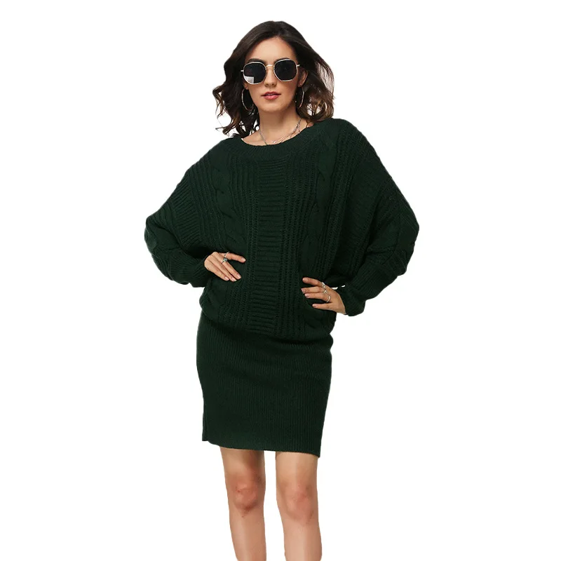 

new elegant plus size women's loose bat sleeve o neck solid autumn winter sweater dress female mid-length pullover knitted dress