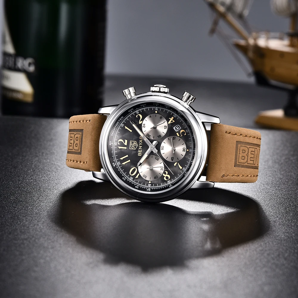 

2021 BENYAR New Men Quartz Wristwatches Top Brand Leather Waterproof Chronograph Men Military Sports Watch for Men reloj hombre