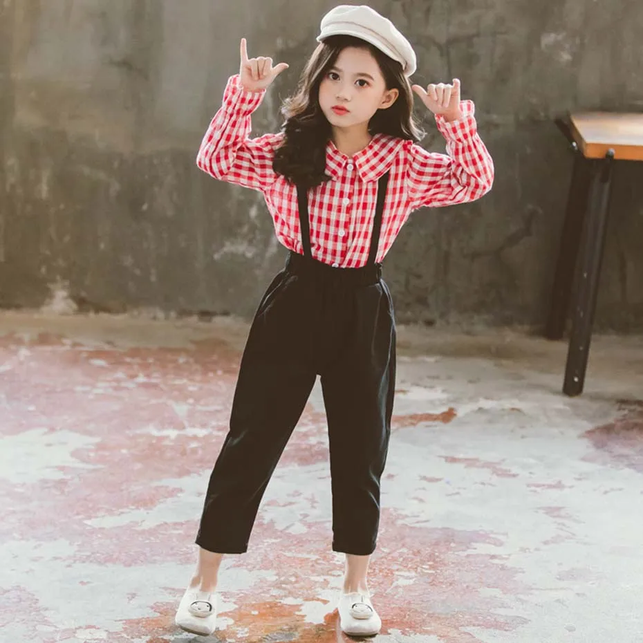 Одежда для девочек клетчатые блузки и комбинезоны костюмы комплект с эластичной