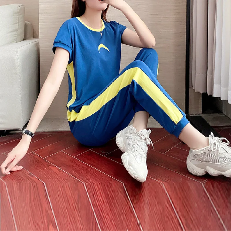 

2021 summer women tracksuit 2 piece Sport set Fashion Korean short sleeve top and sweatpants workout clothes two piece set suit