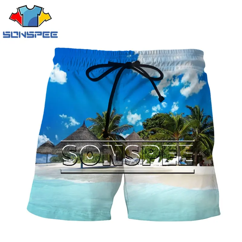 

SONSPEE Men Short 3D Printing View Seaside Moutains Fashion Casual Sports Summer Elastic Waist Lace Large Size Shorts Clothing