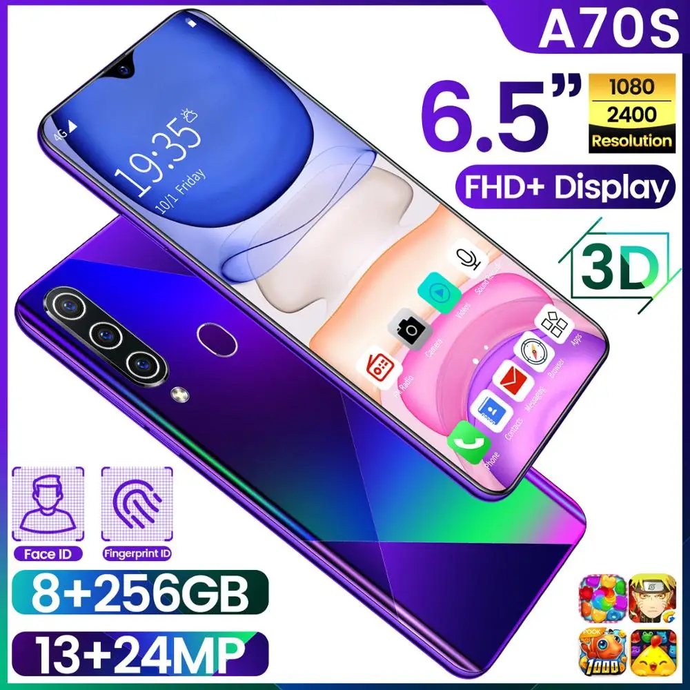 

A70S Smartphone Android 9.0 13MP Front Camera 8GB RAM 128GB ROM 4800mAh Dual SIM 6.5"Waterdrop Screen Mobile Phone Free Shipping