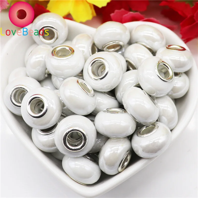 

10Pcs White Glass Color Round Smooth Big Hole Chain Spacer Beads Fit European Pandora Charm Bracelet Bangle Hair Beads Jewelry