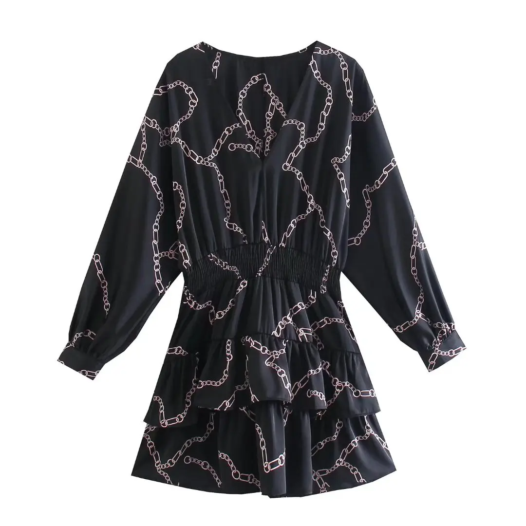

Women Vintage V Neck Chain Print High Elasticx Waist Hem Ruffles Mini Dress Female Chic Sweet Casual Party Vestido