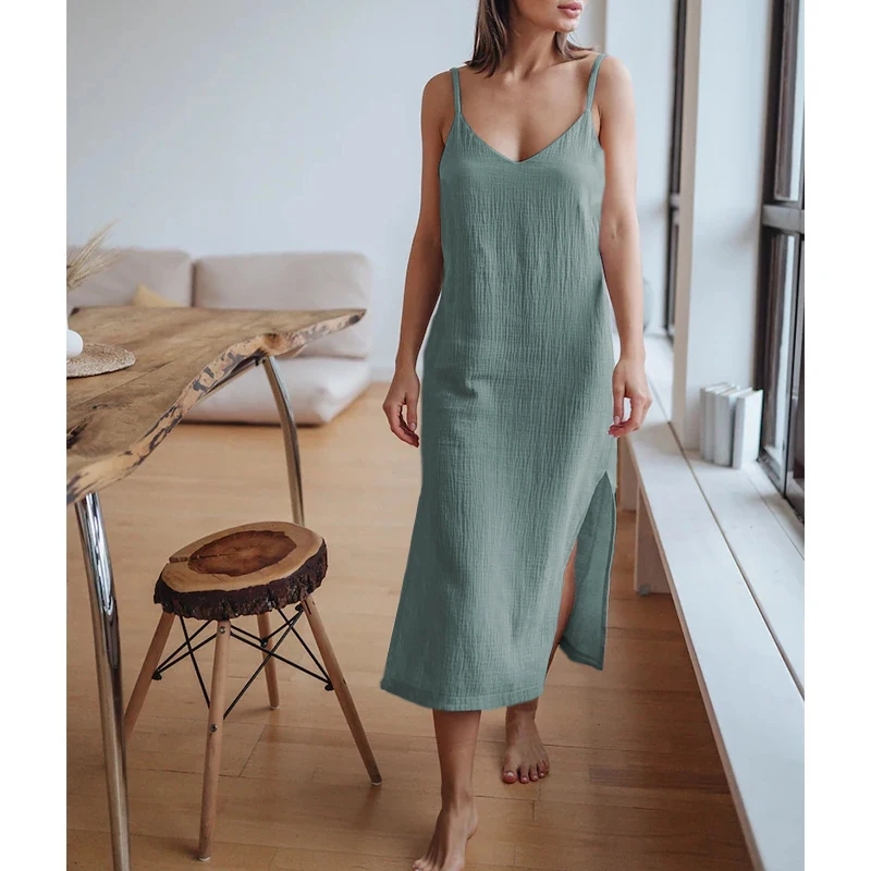 

S-4XL 100% Cotton Summer Woman Dresses Sexy Spaghetti Strap Sleeveless Open Side Long Maxi Dress
