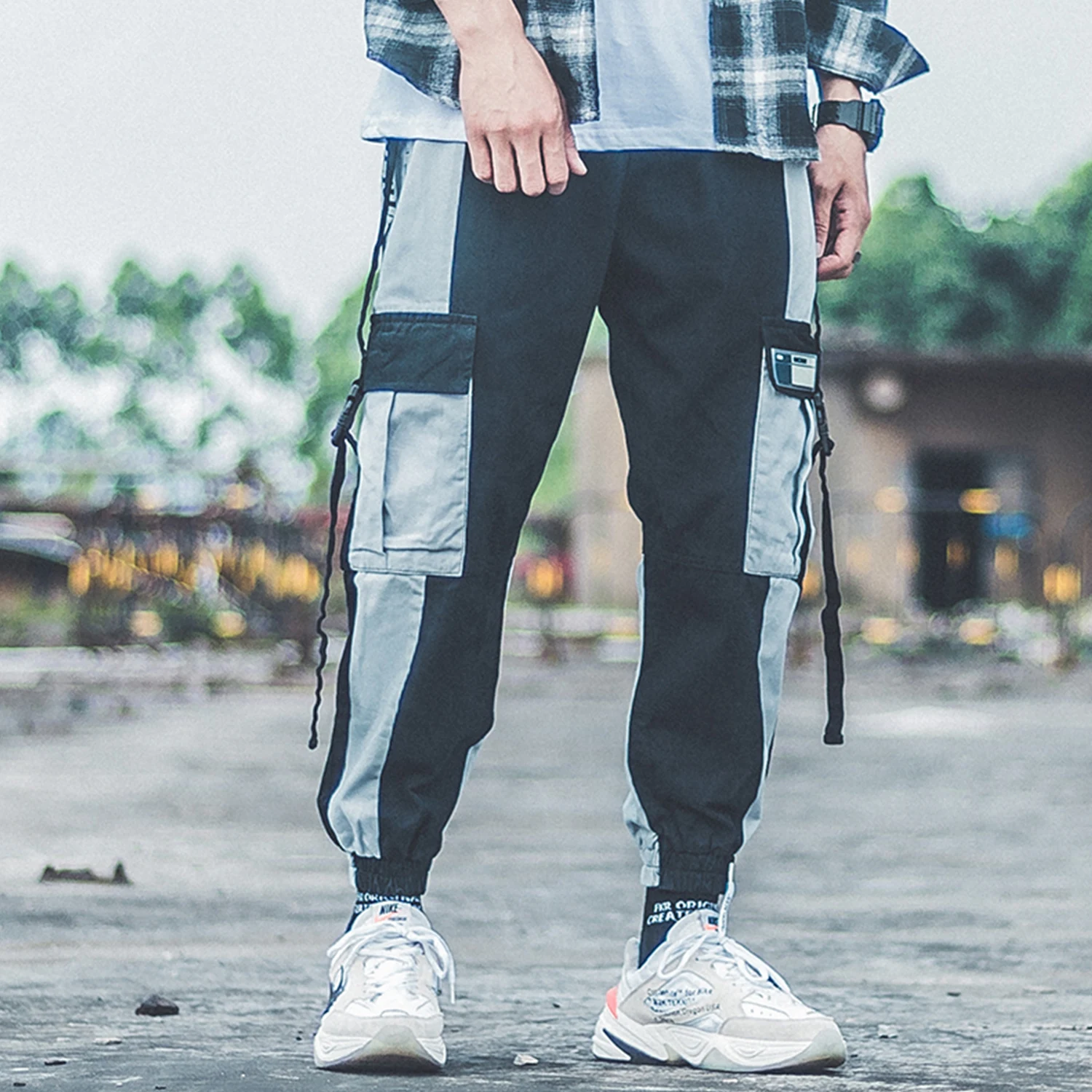 Мужские брюки-шаровары в стиле Харадзюку с цветными блоками карманами пэчворк