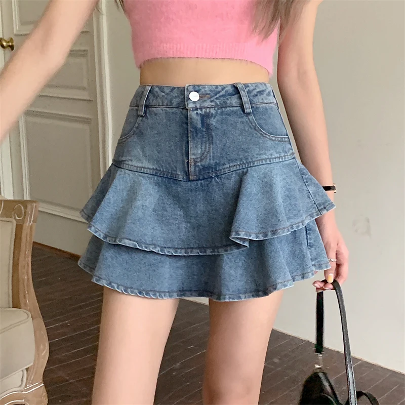 

French Retro High Waist Ruffles Skirt Denim Above Knee Mini Shorts Skirts Female Plus Size y2k Skirts Jeans Female Saia Mujer
