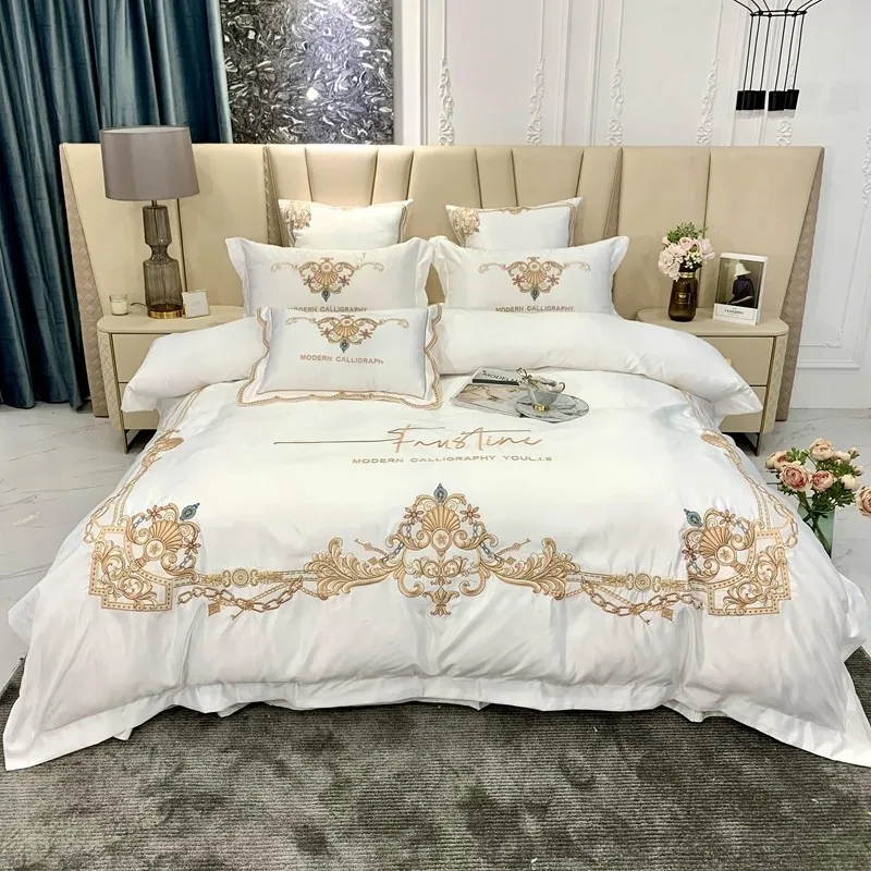 

Luxury Delicate Embroidery washed silk duvet cover sets premium White bedding set Double Queen King 4Pcs Bed Sheet Pillowcases