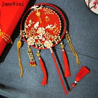 janevini red bride hand fan ancient bride bouquet flower mariage chinese style bridal bouquets luxury pearl round wedding fan