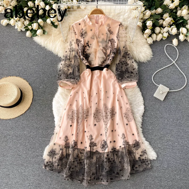 

Женское Сетчатое платье с вышивкой, элегантное французское платье с длинным рукавом, модная уличная одежда, короткое осеннее платье, Новинк...