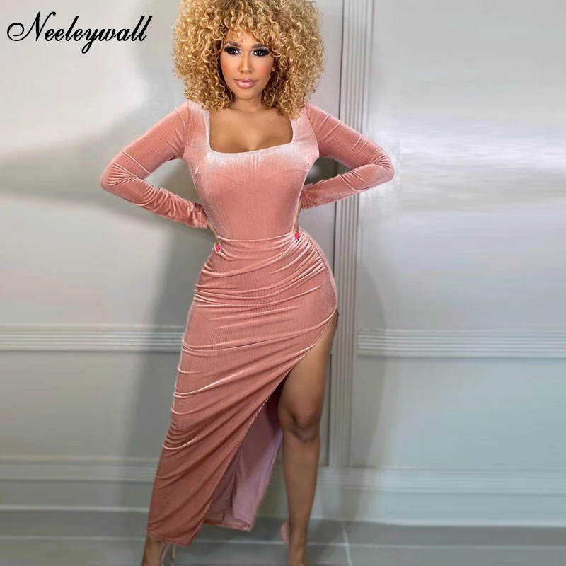 

Neeleywall Sexy Pink Velvet Ankle Length Dress Women Spring New Long Sleeve Side High Split Bodycon Birthday Clubwear Outfit