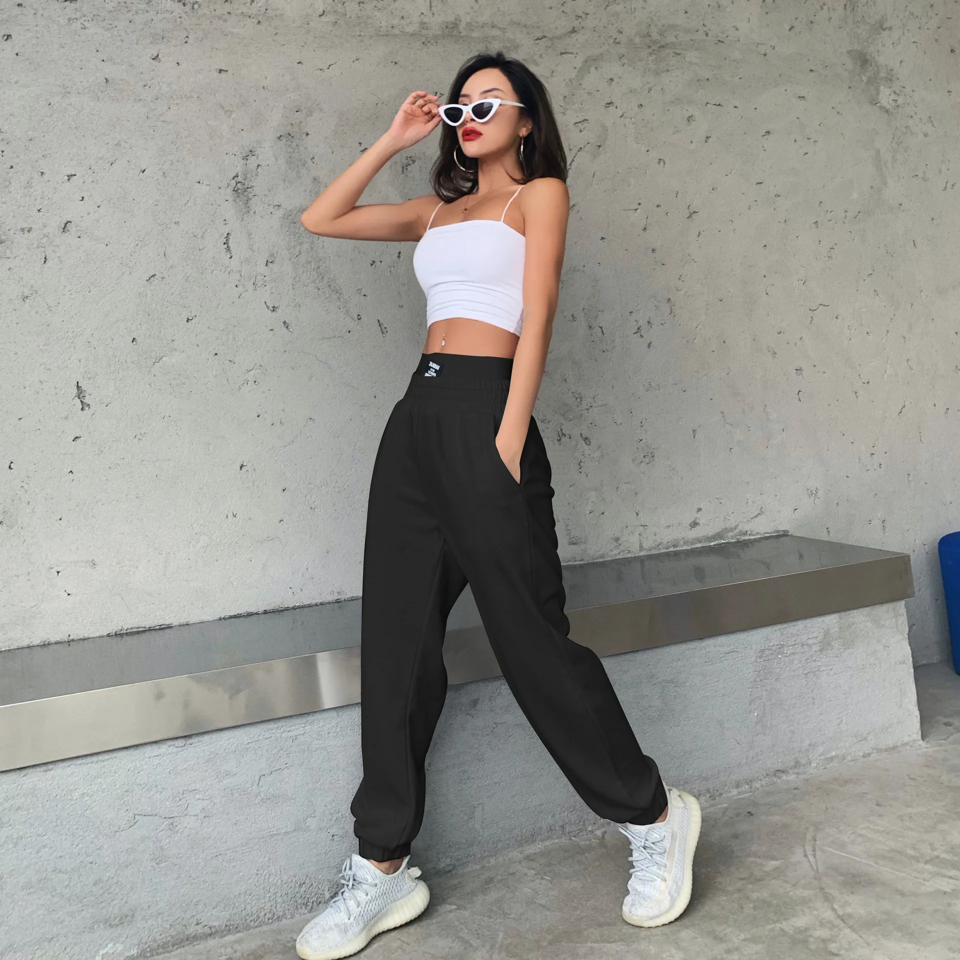 

Europe 2021 New Style Loose Leggings Fashion Design Sense Double Waist High Waist Sports Pants Streetwear Women Korean Style