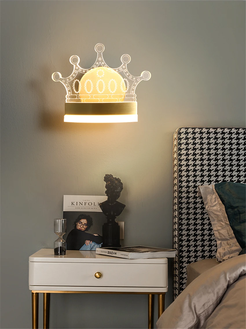 

Nordic Children's Room Golden Wall Lamps Bedroom Bedside Lamp Modern Living Room TV Wall Lights Luxury Copper LED Crown Lighting