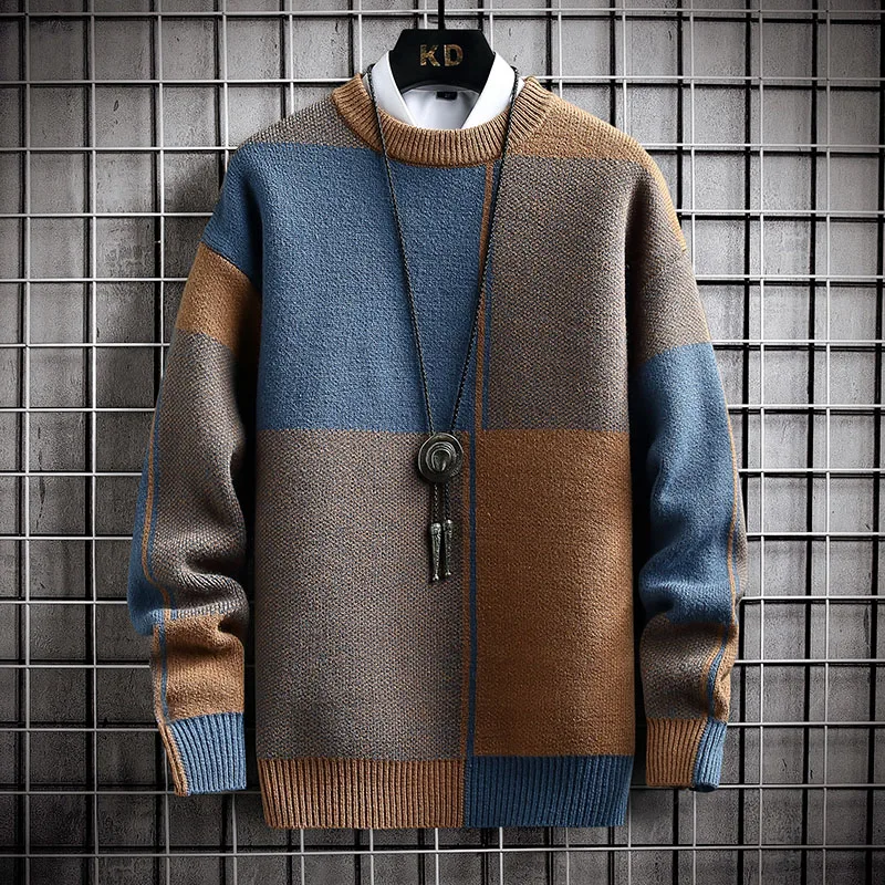 

Зимний красивый мужской свитер в клетку в стиле Харадзюку, толстый теплый пуловер с высоким воротником, высококачественные мужские Рождественские свитера