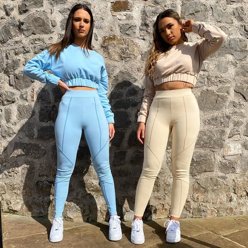 

New Autumn Solid Sportswear Fitness Tracksuit Women Casual O Neck Long Sleeve Crop Top + Sweat Pants Two Piece Set Jogging Femme
