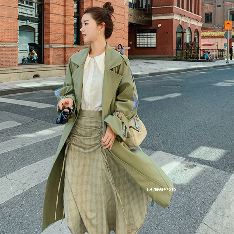 

Windbreaker Female 2021 Design Stitching Color Contrast Mid-length stripe Spring Autumn Fashion New casual Women Trench Coat