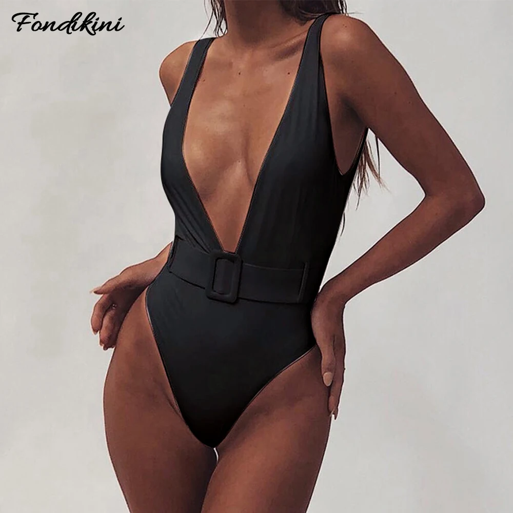 

Сексуальный цельный купальник с V-образным вырезом и пряжкой с высоким вырезом, женская одежда для плавания, однотонный Монокини, пляжная од...