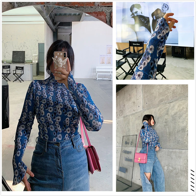 

Fashion Women Clothing Blouse Shirt Spring New Floral Print Full Sleeve Women Tops Elastic Ladies Blouses Blusa Feminina SL439