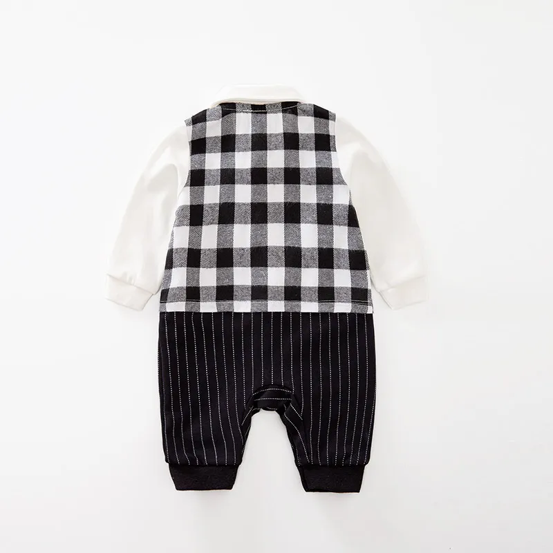 YiErYing Newborn Baby Boy Romper Jumpsuit Overalls Infant Cotton Outfit Black and white grid with Bow Tie Gentleman's baby |