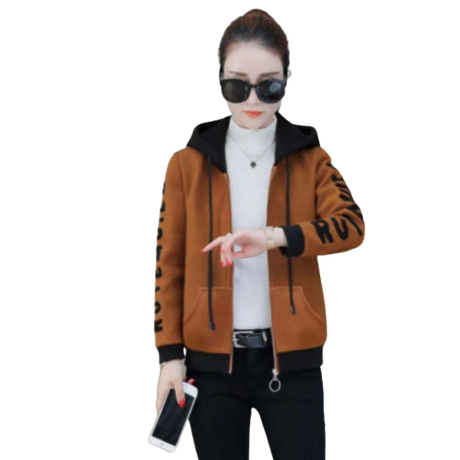 

2020 Autumn Women Hooded Coat Zipper Long Sleeves Loose Thick Letters Printed Color Contrast overcoat Fashion female outerwear