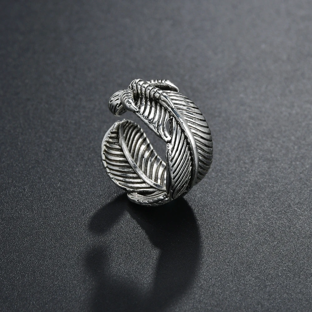 

Бохо регулируемое Шикарное Кольцо в виде листьев перьев винтажное тайское металлическое цветное мужское женское свадебное хиппи панк байк...