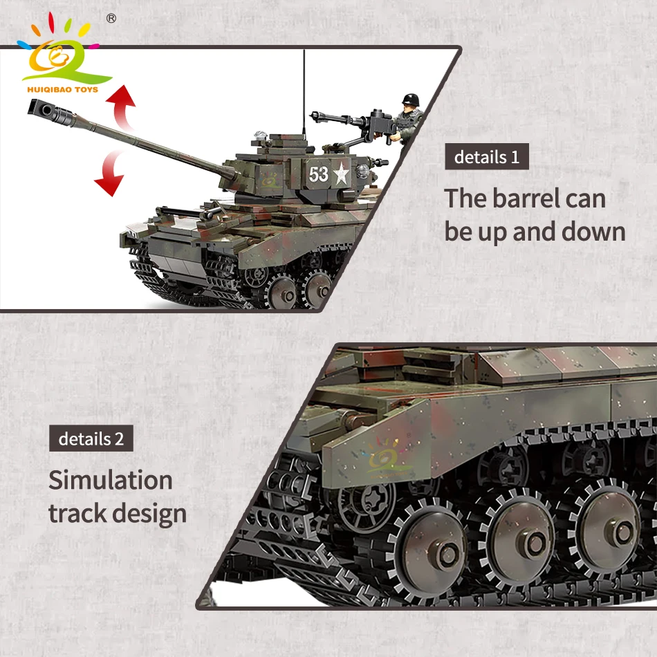 

HUIQIBAO Military Model Building Blocks 938pcs WW2 M26 Pershing Heavy Tank with 3 Soldier Army Weapon Bricks Toys For Children